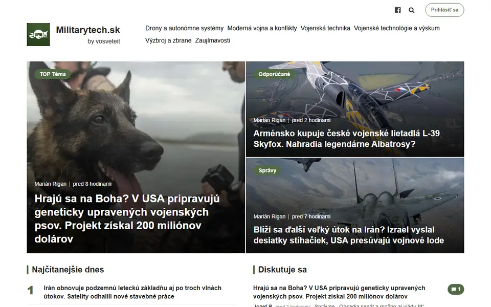 Titulná stránka webu Militarytech.sk